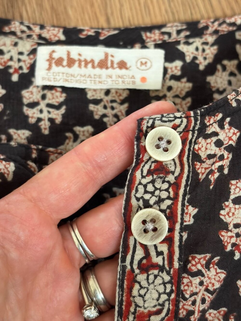 Fabindia Black Printed Cotton Kurti Tunic Top – Women’s Medium – Boho Henley 3/4 - Picture 8 of 13